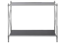 Orsina Black Mirrored Glass Console Table, 2 Tier Nickel Finish Frame Console Stand, Stainless Steel Hallway Table in Silver