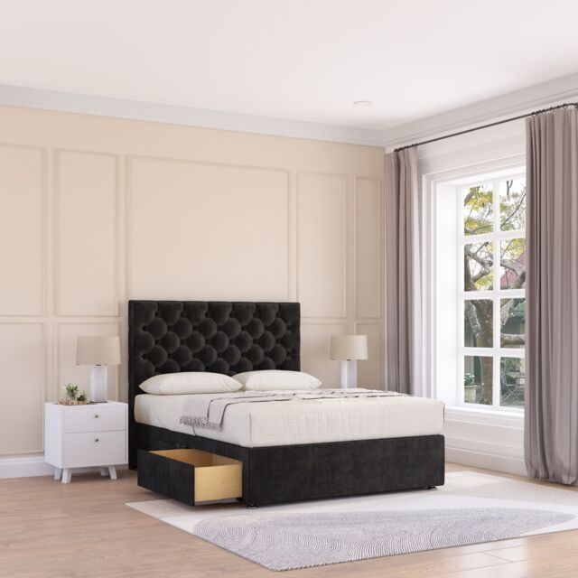 "Sloomy Mayfair Divan Bed Base No Drawers & 26"" Struts Headboard in Black - Size: Double" - image 1