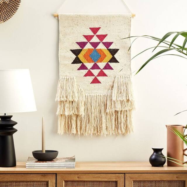 Wyld and Coco Handwoven Beige Cotton Wall Hanging with Geometric Tassels - image 1