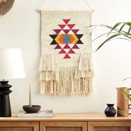 Wyld and Coco Handwoven Beige Cotton Wall Hanging with Geometric Tassels - thumbnail 1
