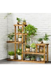 Living and Home Large Multi-Tiered Rustic Wooden Plant Stand Rack Decorative Display Shelf in Brown