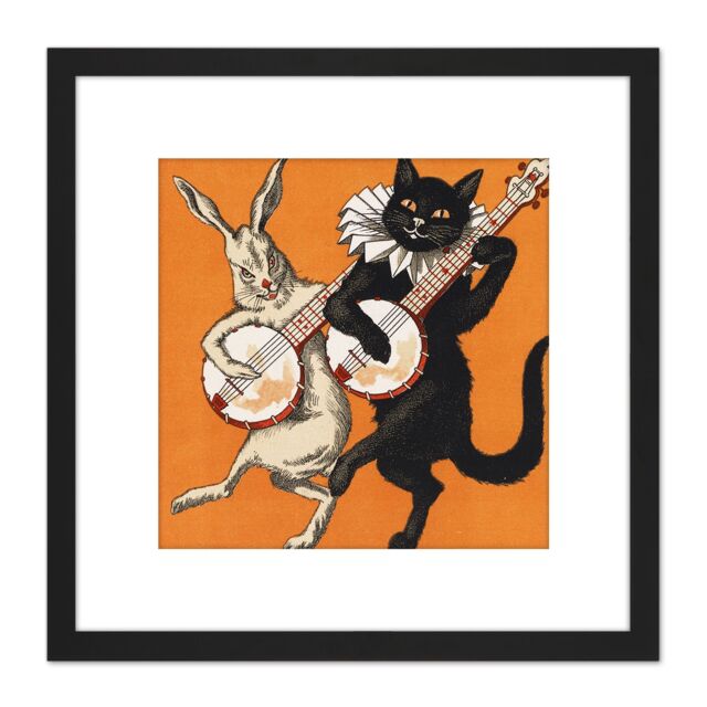 Artery8 Cat & Hare With Banjos 8X8 Inch Square Wooden Framed Wall Art Print Picture with Mount in Black - image 1
