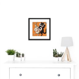 Artery8 Cat & Hare With Banjos 8X8 Inch Square Wooden Framed Wall Art Print Picture with Mount in Black - thumbnail 2