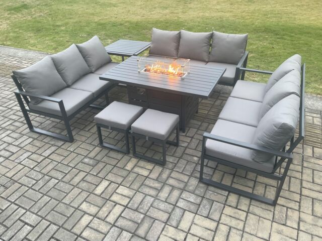 Fimous Aluminium 11 Seater Garden Furniture Outdoor Set Patio Lounge Sofa Gas Fire Pit Dining Table Set with 2 Small Footstools Side Table - image 1