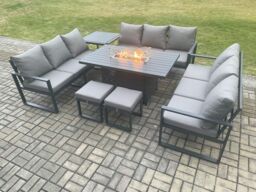 Fimous Aluminium 11 Seater Garden Furniture Outdoor Set Patio Lounge Sofa Gas Fire Pit Dining Table Set with 2 Small Footstools Side Table - thumbnail 1