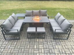 Fimous Aluminium 11 Seater Garden Furniture Outdoor Set Patio Lounge Sofa Gas Fire Pit Dining Table Set with 2 Small Footstools Side Table - thumbnail 2