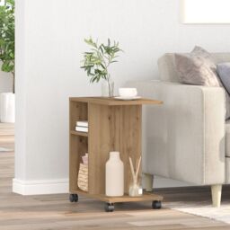 Berkfield Home Side Table on Wheels - Artisan Oak, 50x30x55 cm, Made of Engineered Wood in Brown - Size: 50 x 30 x 55 cm - thumbnail 4