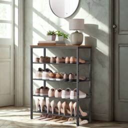 Pirlo Plush 5 Tier Industrial Shoe Rack Hallway Storage Organiser in Brown - thumbnail 1