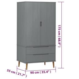 Berkfield Home Wardrobe MOLDE Grey 90x55x175 cm Solid Wood Pine - Size: 90 x 55 x 175 cm - thumbnail 8