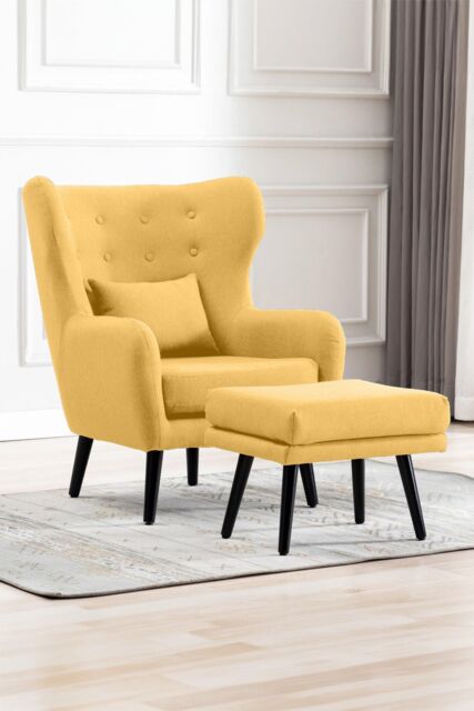More4Homes Winslow Wing Back Fabric Occasional Button Back Armchair w Footstool in Mustard - image 1