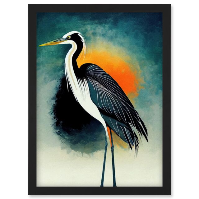 Artery8 Heron Monochrome Bird Portrait Orange Sunrise Illustration Acrylic Paint Artwork Framed Wall Art Print A4 in Black - image 1