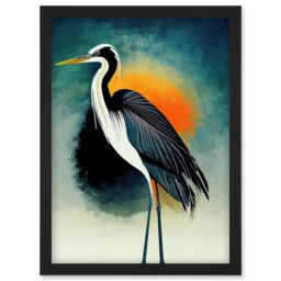 Artery8 Heron Monochrome Bird Portrait Orange Sunrise Illustration Acrylic Paint Artwork Framed Wall Art Print A4 in Black - thumbnail 1