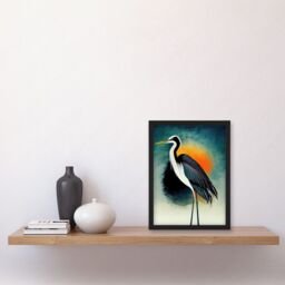 Artery8 Heron Monochrome Bird Portrait Orange Sunrise Illustration Acrylic Paint Artwork Framed Wall Art Print A4 in Black - thumbnail 2