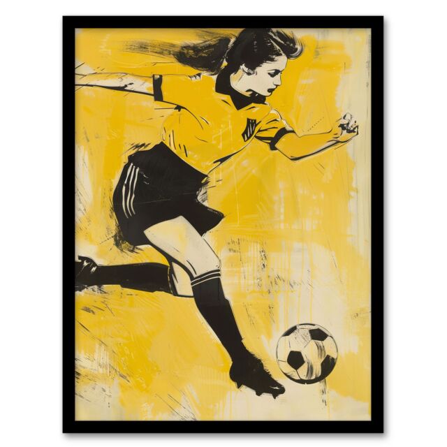 "Artery8 Womens Girls Football Fan Soccer Player Striker Framed Art Print in Yellow - Size: W12"" x H16""" - image 1