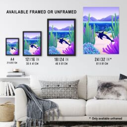 "Artery8 Orca Whale Coastal Coral Reef Underwater Scene Framed Art Print in Purple - Size: W12"" x H16""" - thumbnail 3
