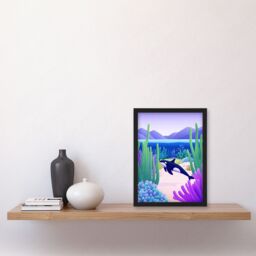 "Artery8 Orca Whale Coastal Coral Reef Underwater Scene Framed Art Print in Purple - Size: W12"" x H16""" - thumbnail 4
