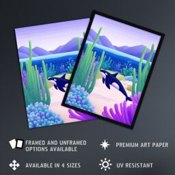 "Artery8 Orca Whale Coastal Coral Reef Underwater Scene Framed Art Print in Purple - Size: W12"" x H16""" - thumbnail 2
