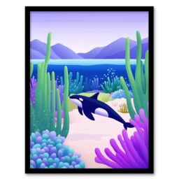 "Artery8 Orca Whale Coastal Coral Reef Underwater Scene Framed Art Print in Purple - Size: W12"" x H16""" - thumbnail 1