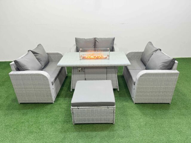 Fimous 7 Seater PE Wicker Rattan Furniture Sofa Sets with Firepit Dining Table 2 Seater Love Sofa Big Footstool Light Grey - image 1