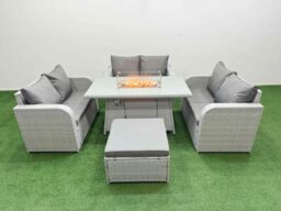 Fimous 7 Seater PE Wicker Rattan Furniture Sofa Sets with Firepit Dining Table 2 Seater Love Sofa Big Footstool Light Grey - thumbnail 1