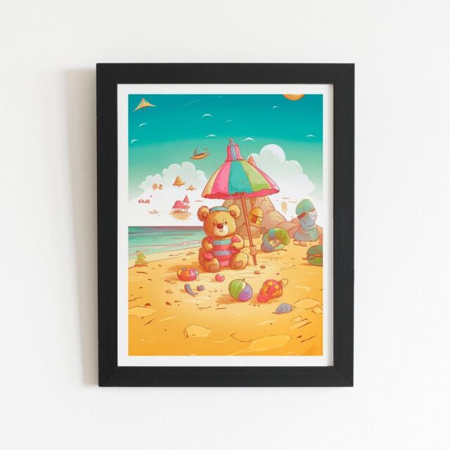 "Warren Reed - Designer Teddy Bead On A Beach Holiday Framed Art Print in Black - Size: W20"" x H30""" - image 1