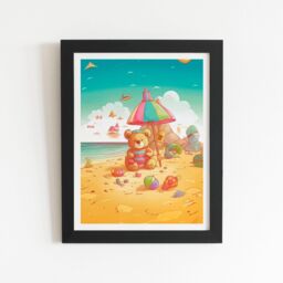 "Warren Reed - Designer Teddy Bead On A Beach Holiday Framed Art Print in Black - Size: W20"" x H30""" - thumbnail 1
