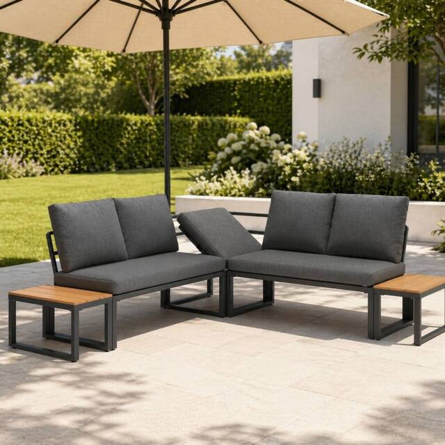 Merax Grey 5 Seater Modular Patio Lounge Sofa Set with Wood Tables - image 1