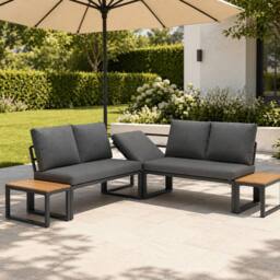 Merax Grey 5 Seater Modular Patio Lounge Sofa Set with Wood Tables - thumbnail 1