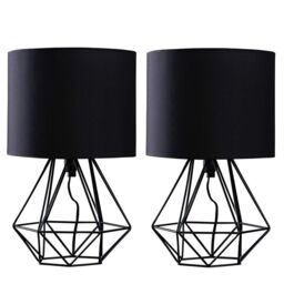 ValueLights Pair Of Modern Black Metal Basket Cage Table Lamps With Black Fabric Shades - thumbnail 2