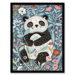 "Artery8 Cute Baby Panda in Flower Patch Floral Quirky Framed Art Print in Blue - Size: W12"" x H16""" - thumbnail 1