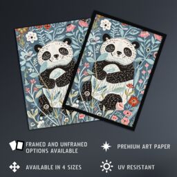 "Artery8 Cute Baby Panda in Flower Patch Floral Quirky Framed Art Print in Blue - Size: W12"" x H16""" - thumbnail 2