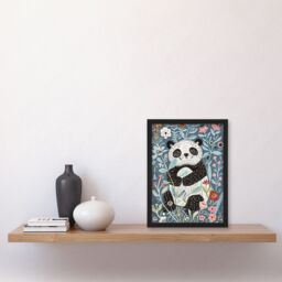 "Artery8 Cute Baby Panda in Flower Patch Floral Quirky Framed Art Print in Blue - Size: W12"" x H16""" - thumbnail 4