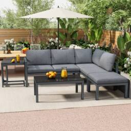 Merax Grey Garden Corner Lounge Sofa Set With Coffee Table & Side Table - thumbnail 2