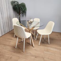 KOSY KOALA Round Glass Dining Table Set With 4 Cream Gem Pattern Chairs Dining Room Furniture in Clear - thumbnail 5