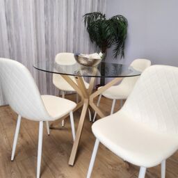 KOSY KOALA Round Glass Dining Table Set With 4 Cream Gem Pattern Chairs Dining Room Furniture in Clear - thumbnail 3