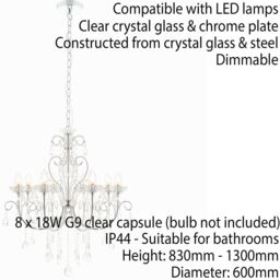 Loops Bathroom Ceiling Pendant Light Chrome & Crystal IP44 8 Bulb Hanging Lamp Rose - thumbnail 2