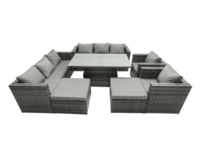 Fimous Rattan Dining Table Sofa Set with 2Stools Outdoor 10 Seat in Dark Grey - image 1