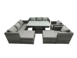 Fimous Rattan Dining Table Sofa Set with 2Stools Outdoor 10 Seat in Dark Grey - thumbnail 2