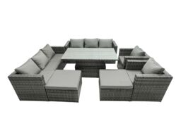 Fimous Rattan Dining Table Sofa Set with 2Stools Outdoor 10 Seat in Dark Grey - thumbnail 1