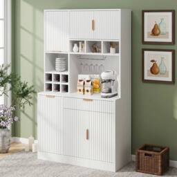 BTM 100cm Kitchen Sideboard USB Wine Rack Tall Cabinet White - thumbnail 2