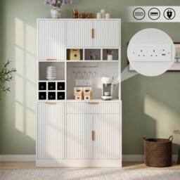 BTM 100cm Kitchen Sideboard USB Wine Rack Tall Cabinet White - thumbnail 3
