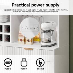 BTM 100cm Kitchen Sideboard USB Wine Rack Tall Cabinet White - thumbnail 7