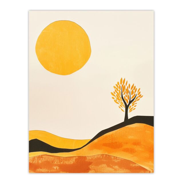 "Artery8 Lone Tree Orange Vibrant Abstract Boho Landscape Wall Art Print in Mustard - Size: W24"" x H32""" - image 1