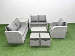 Fimous High Back Poly Rattan Garden Furniture Set w/ Reclining Chair Loveseat Sofa Rectangular Coffee Table Indoor Outdoor Patio Set 2 Stool Side - thumbnail 1
