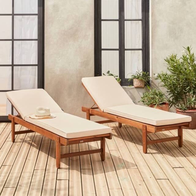 sweeek Pair Of Multi-position Wooden Sun Loungers With Wheels in Beige - image 1