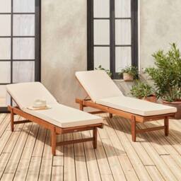 sweeek Pair Of Multi-position Wooden Sun Loungers With Wheels in Beige - thumbnail 1