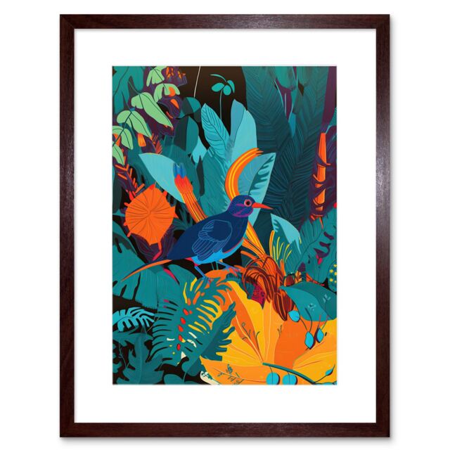 "Artery8 Wall Art Print Bird in Tropical Forest Vibrant Artwork Framed 9X7 Inch in Brown - Size: W7"" x H9""" - image 1