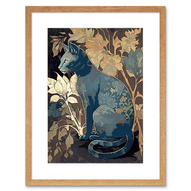 "Artery8 Wall Art Print Russian Blue Cat with Autumn Plants & Floral Pattern Fur Coat Modern Silkscreen Artwork Framed 9X7 Inch - Size: W7"" x H9""" - image 1