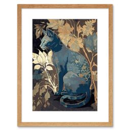"Artery8 Wall Art Print Russian Blue Cat with Autumn Plants & Floral Pattern Fur Coat Modern Silkscreen Artwork Framed 9X7 Inch - Size: W7"" x H9""" - thumbnail 1
