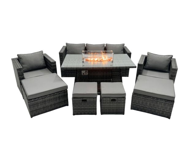 Fimous Rattan Garden Furniture Firepit Dining Set 9 Seater Lounge Sofa Table Set with 2 big Footstool in Dark Grey - image 1